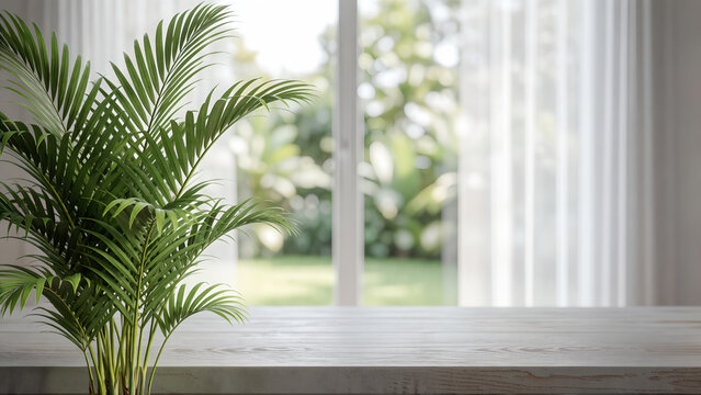 Small green palm plant on a rustic wooden table by a bright window.