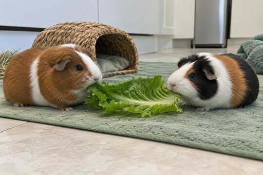 Two guinea pigs eating a broad green lettuce leaf on a washable mat beside a woven shelter, a domestic small pet feeding scene