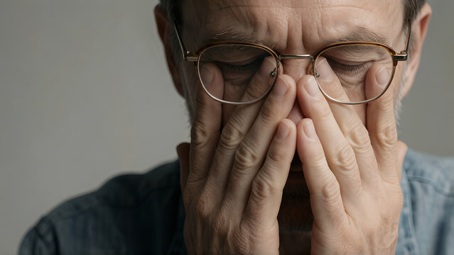 Middle aged man feeling exhausted and stressed rubbing eyes while wearing glasses indoors.