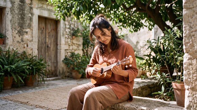 Indian Woman Playing Cavaquinho in Dappled Garden Sunlight