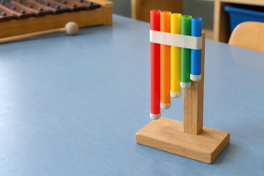 Colored tubes of different lengths form a handmade panpipe on a wooden stand, a simple classroom model for exploring air and sound