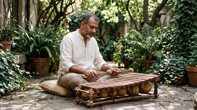 Indian Musician Playing Wooden Balafon Under Dappled Garden Sunlight