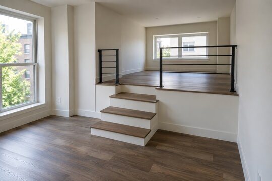 Broad steps connect the lower floor of an empty studio to a raised platform, showing how a compact split-level interior separates living zones