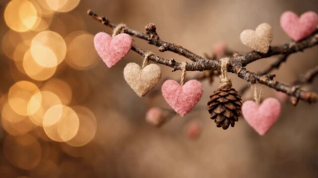 Felt hearts and a pinecone hanging from a twig with warm golden bokeh lights, gentle rightward pan revealing rustic valentine decor and cozy mood