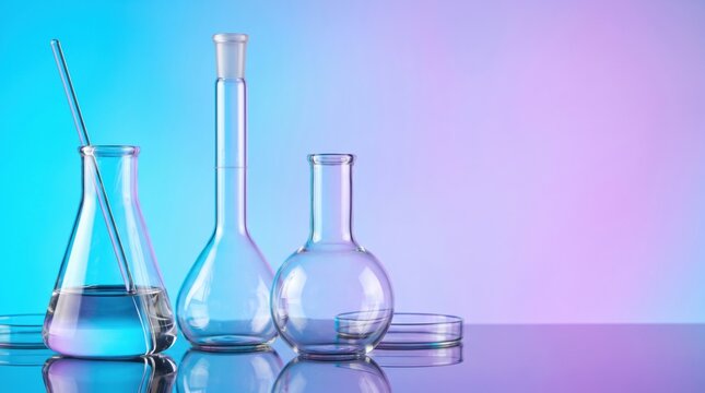 Clear laboratory glassware including an erlenmeyer flask a volumetric flask and a round bottom flask arranged on a reflective surface against a vibrant blue and purple gradient background
