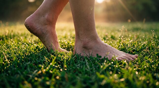 Serene Morning Walk Barefoot Across a Sunlit Dewy Grass Meadow