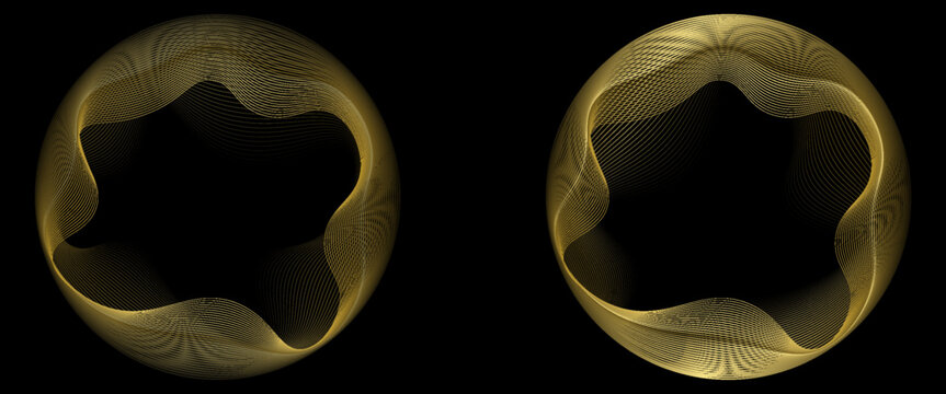 Abstract circle wave lines, gradient light equalizer gold wavy curve. Round frame in luxury golden color isolated on black background. Editable stroke. Vector illustration with copy space