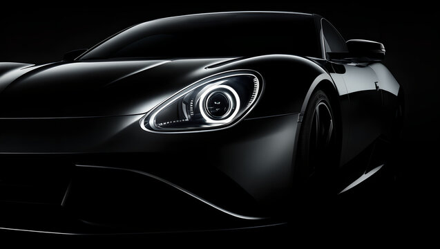 Close up view of modern luxury sports car headlight glowing in dark environment.