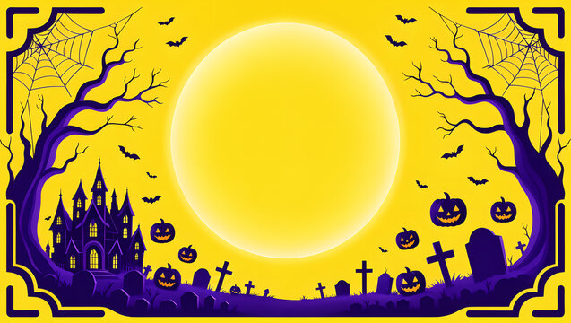 Halloween theme background with spooky castle cemetery and pumpkins on yellow moon light.