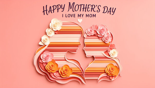 Happy Mothers Day greeting card design with paper cutout mother and child silhouettes.