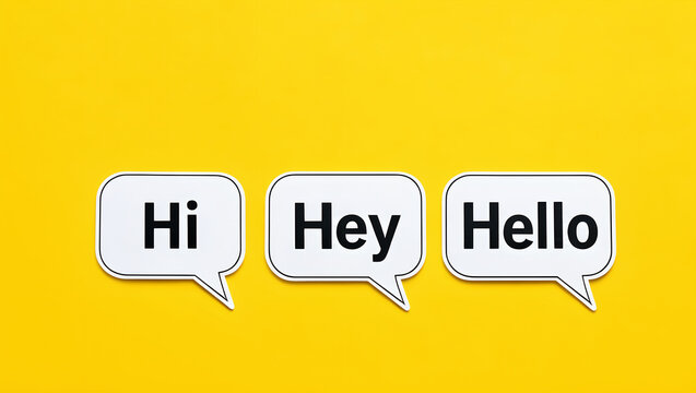 Three speech bubbles with greeting text hi hey and hello on yellow background.