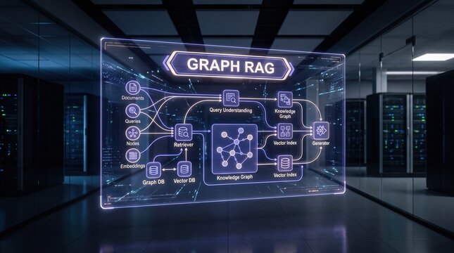Futuristic diagram representing an intelligent data processing architecture for enhanced knowledge understanding and query resolution in a modern server facility