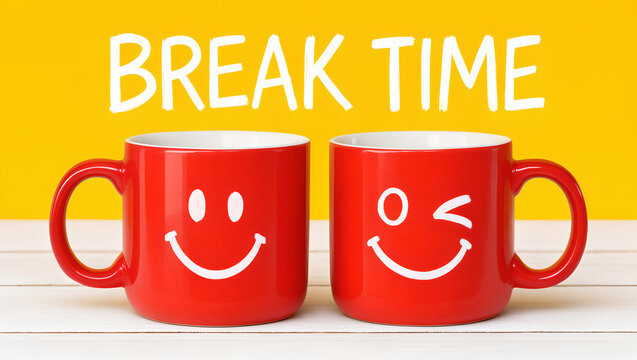 Two red coffee mugs with smiley faces on a wooden table break time.