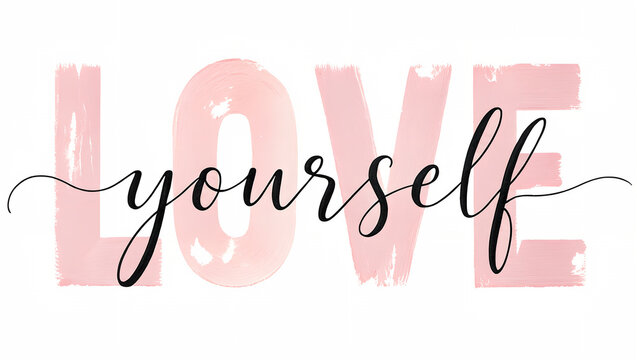 Inspirational love yourself typography quote with soft pink watercolor brush strokes design.