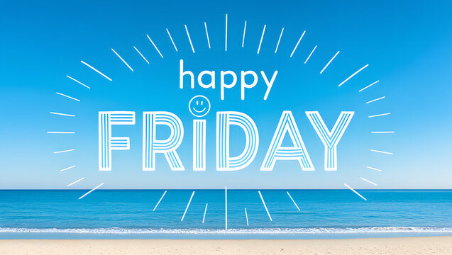 Happy Friday text design on a sunny beach background with blue sky.
