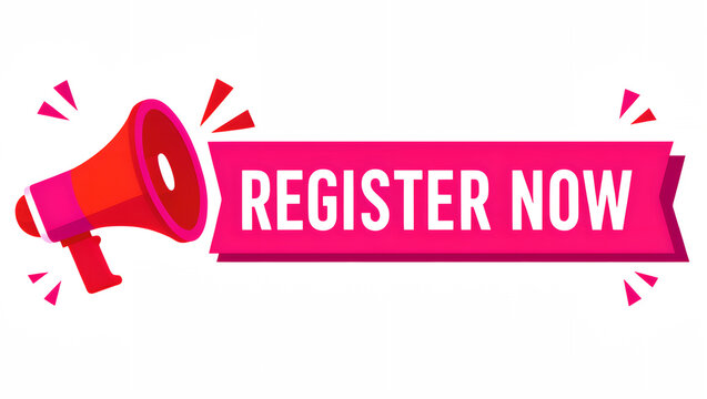 Register now sign with red megaphone icon for marketing and promotional event campaigns.