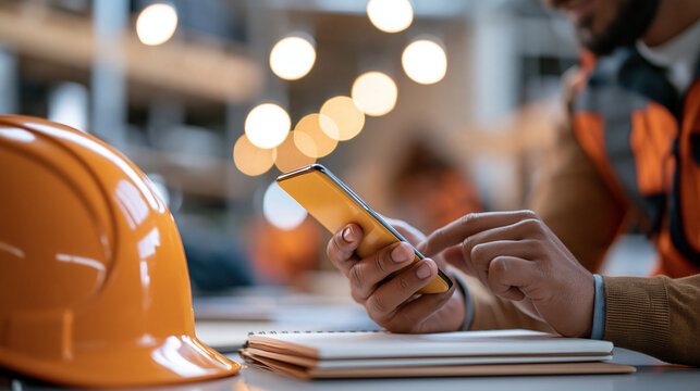 Professional using a smartphone to access short workplace safety training videos, protective helmet and notebook on the desk, mobile workforce education, microlearning,