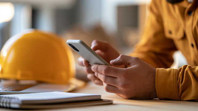 Professional using a smartphone to access short workplace safety training videos, protective helmet and notebook on the desk, mobile workforce education, microlearning,