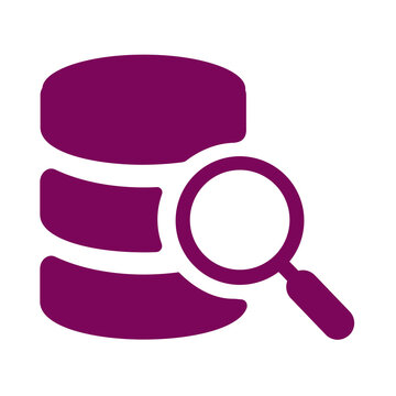 Purple database icon with a magnifying glass representing data search analysis and information retrieval for technology applications transparent background