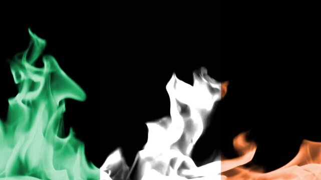 Conceptual irish flag design with realistic fire flames in green, white, and orange colors rising against a solid black background