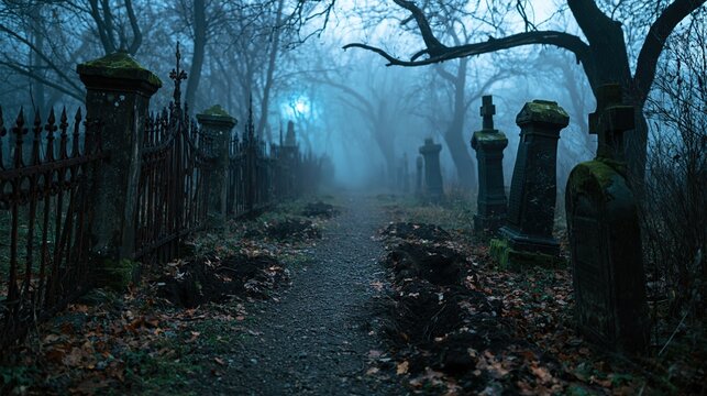 Abandoned cemetery with empty grave pits and mossy monuments on a foggy moonlit night