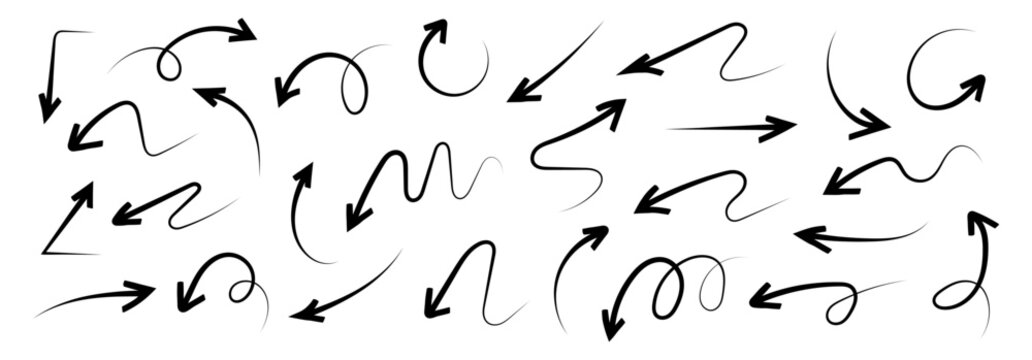 Hand Drawn Vector Arrows. Tapered wavy lines with bold tips and loops