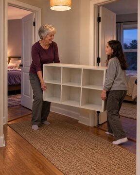 Two residents carry a small empty cubby unit between open bedroom doorways, adjusting household storage as the use of rooms begins to change