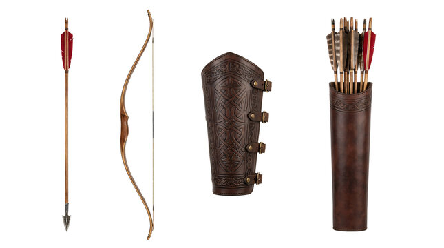 Traditional wooden archery bow with arrows leather quiver and bracer on transparent background