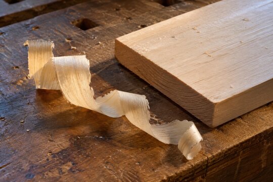 Long pale pine shaving curled beside a freshly planed board on a worn wooden bench, showing thin ribbons left after hand woodworking