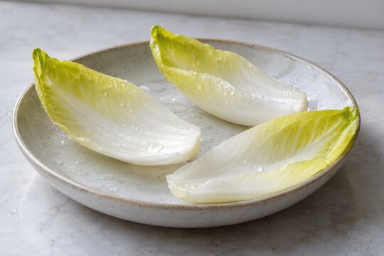 Three fresh endive leaves with pale ribs and green yellow tips on a ceramic plate, washed and ready for a crisp bitter leaf salad