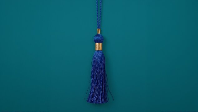 A blue tassel hangs from a blue wall, perfect for minimalist designs or decorative purposes