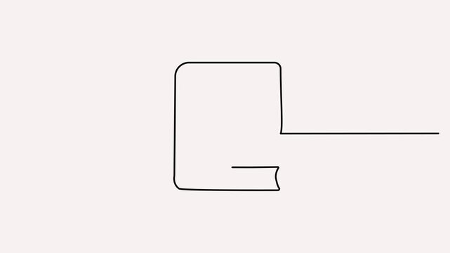 Book leaf line animation depicting a continuous black outline forming a closed book and a natural leaf. Seamless loop.