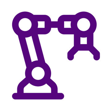 Purple outline icon of a mechanical robotic arm for industrial manufacturing and automation concepts transparent background