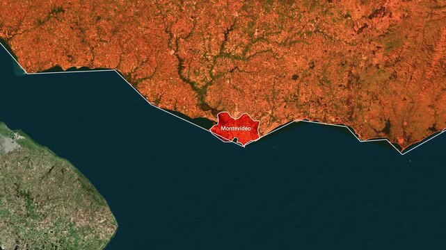 Satellite map highlighting Montevideo capital city region in South America