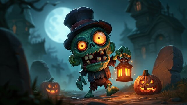 Friendly zombie graveyard keeper with lantern walking past pumpkins under full moon