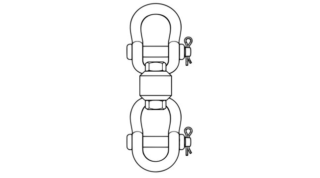 Rotary rigging swivel connector featuring dual clevis bow shackles, central rotating barrel housing, cross pins, and split cotter keys, presented as an industrial outline vector icon