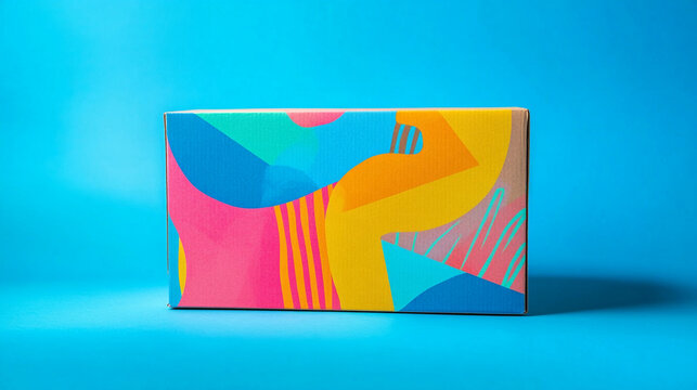 Close-up professional product photograph of an ordinary brown cardboard delivery box covered with vibrant abstract branding graphics in electric blue, neon orange, hot magenta, bri