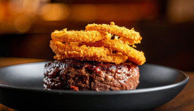 Freshly grilled ground beef patty with stack of crunchy golden onion rings. Tasty food. Delicious meal. Dark blurred cafe interior. Close-up.