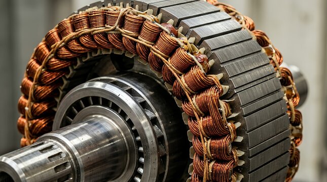 Electric Motor Stator and Rotor Assembly, a detailed close-up of copper windings and metal laminations, essential components for electrical engineering and industrial power generation