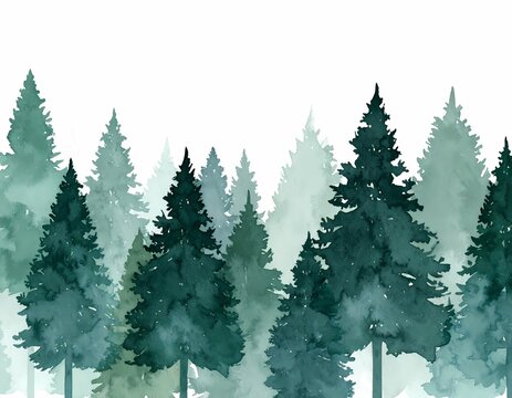 Watercolor Painting of Green Pine Trees in a Forest Setting
