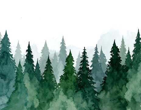 Watercolor painting of evergreen trees and misty landscape
