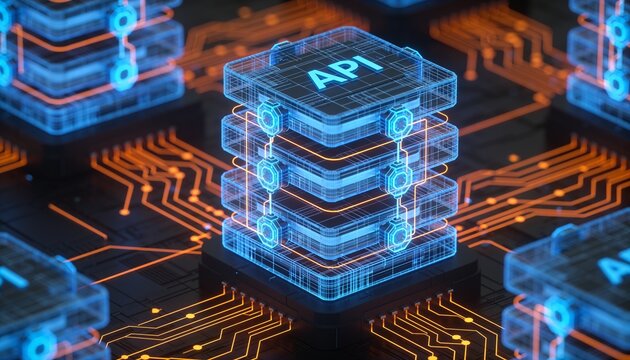 Isometric API architecture stack with glowing blue connector icon, holographic blue wireframe layered service blocks with orange circuitry on dark backdrop, AI API platform illustration