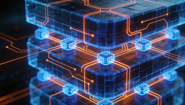 Isometric API architecture stack with glowing blue connector icon, holographic blue wireframe layered service blocks with orange circuitry on dark backdrop, AI API platform illustration