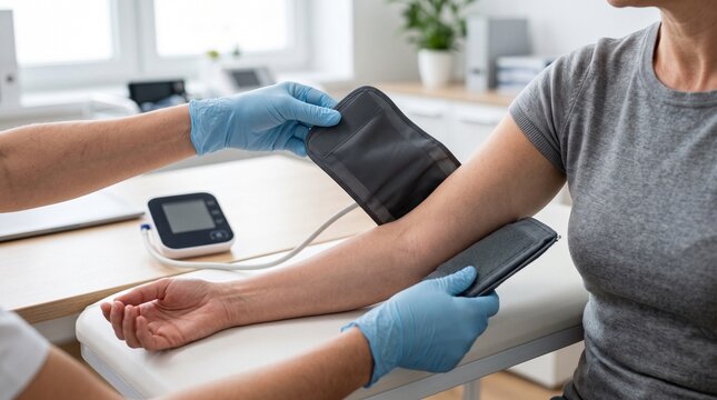 manos profesionales envolviendo un brazalete de presión arterial 