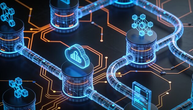 Isometric data pipeline system with glowing blue flow icon, holographic blue wireframe processing stages and conduits with orange circuitry on dark backdrop, AI machine learning illustration