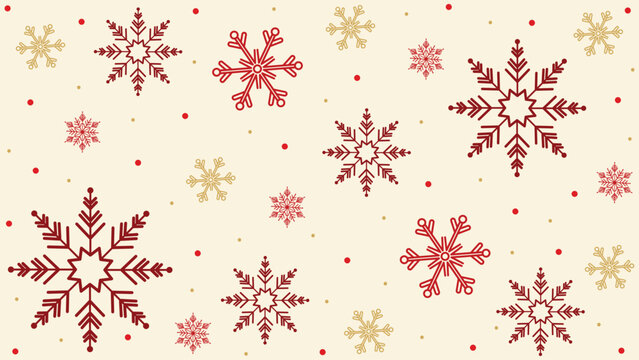 Elegant christmas background with star-centered red and gold line art snowflakes pattern on light cream background
