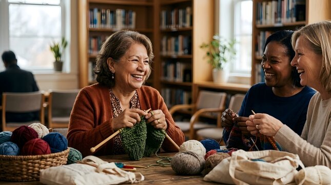 Diverse Mature Women Laughing And Knitting In A Library Study Room