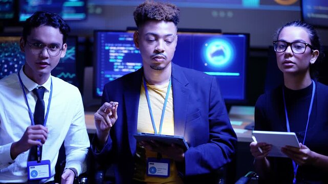 Asian and Latina developers gesture in the air as if touching a virtual interface while a Black colleague writes on his tablet, then the trio lean in over one screen