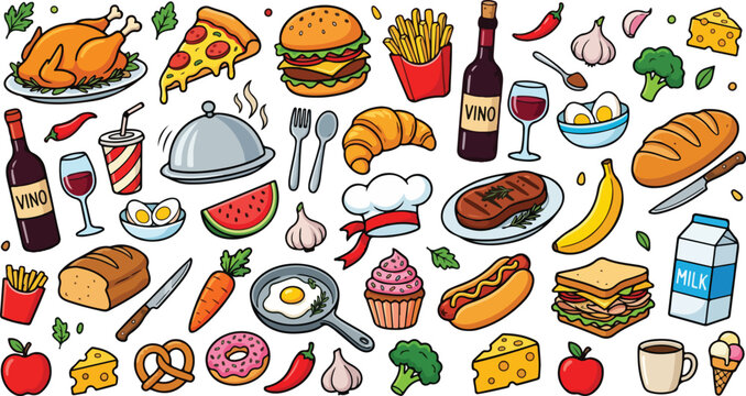 Colorful hand-drawn doodle border of assorted food items including pizza, burger, wine, fruit, and vegetables on a