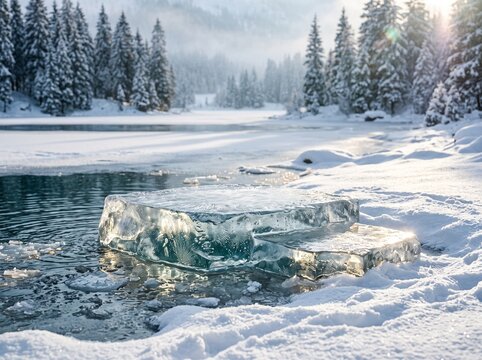 Clear ice block platform on a snowy lakeshore in a winter forest landscape